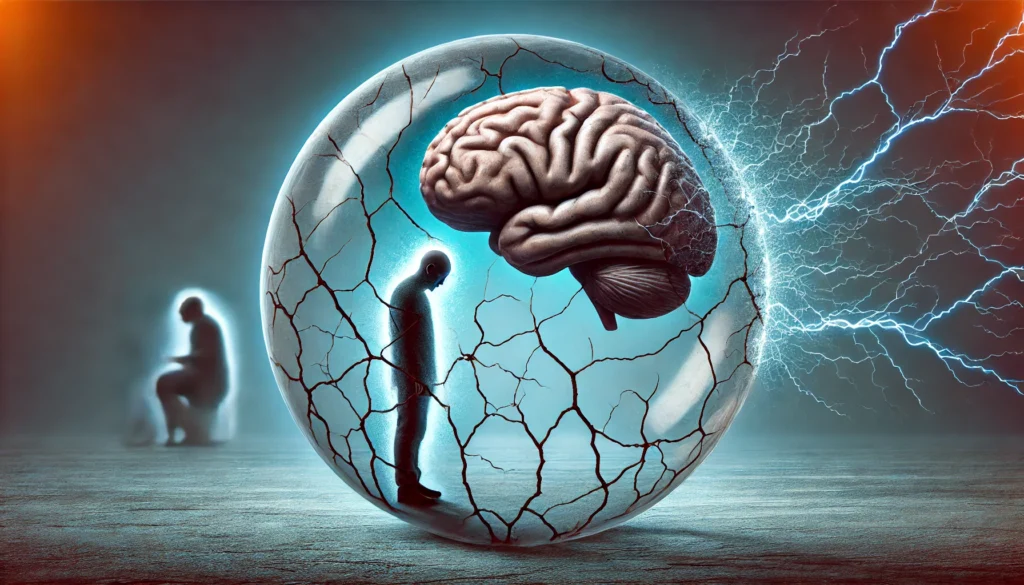 A conceptual image of a person trapped inside a glass bubble with cracks forming, symbolizing anxiety-induced isolation and cognitive decline. The cracks extend outward, revealing a fading brain in the background, representing the link between anxiety and dementia progression.
