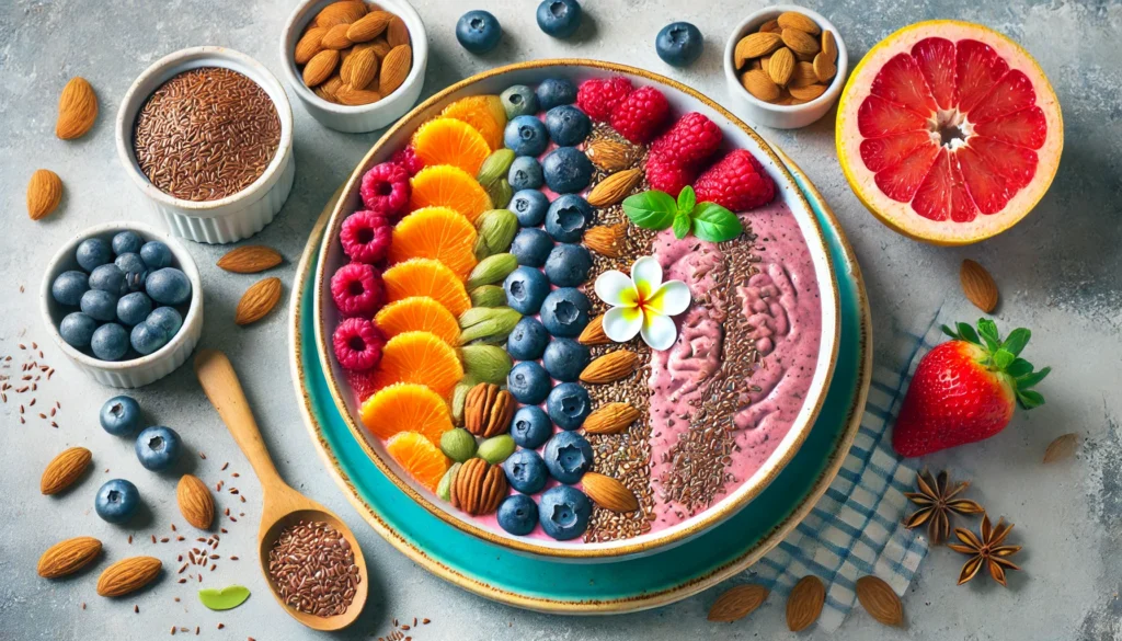 A colorful smoothie bowl packed with brain-enhancing ingredients like flaxseeds, blueberries, and almonds, topped with fresh fruit slices. The vibrant presentation emphasizes the power of nutrition in supporting cognitive health for seniors.