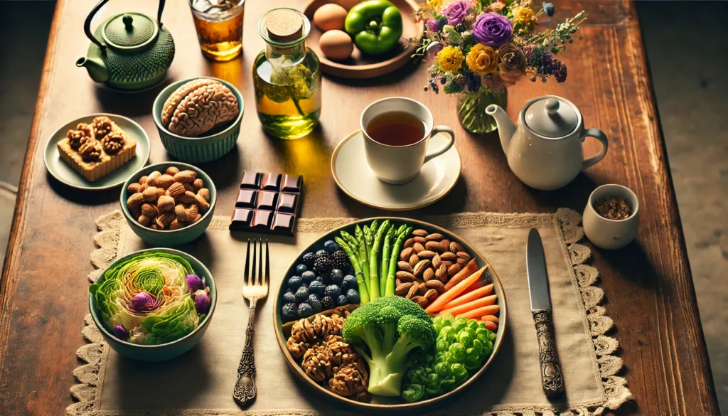 An elegant dining table set with brain-healthy foods like nuts, green tea, dark chocolate, and fresh vegetables, presented with warm natural lighting. The meal represents the nutritional power of these foods in supporting cognitive function and aging well.