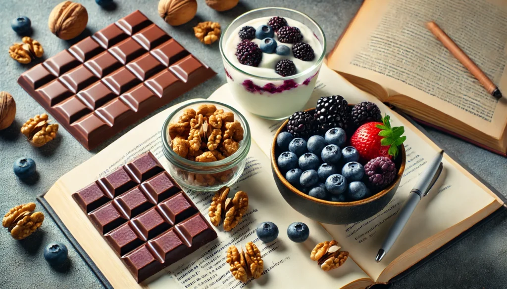 A well-balanced study snack arrangement featuring dark chocolate, walnuts, and a bowl of yogurt with berries, placed beside an open book. The nutritious selection represents brain-boosting foods that enhance focus and memory retention for studying.
