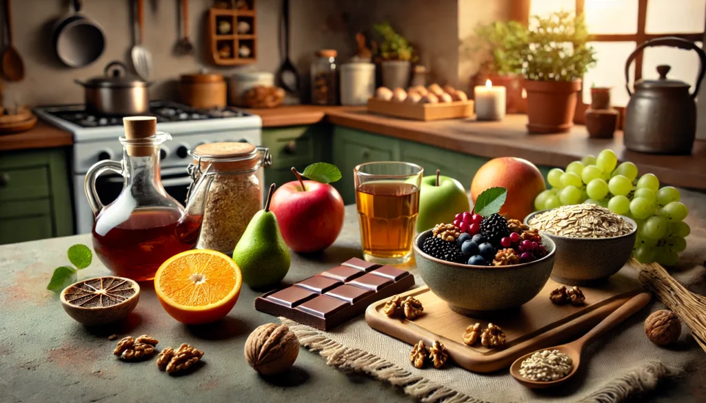 A cozy kitchen setting with a selection of nutrient-rich foods for mental wellness, including dark chocolate, walnuts, fresh fruits, green tea, and a bowl of oats. The warm atmosphere represents the importance of a healthy diet in supporting cognitive function and emotional balance.
