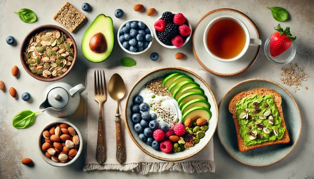 A top-down view of a breakfast table set with nutrient-rich foods for mental wellness, including yogurt with mixed nuts, green tea, fresh berries, and whole grain toast with avocado. The balanced meal represents optimal brain function and emotional well-being.