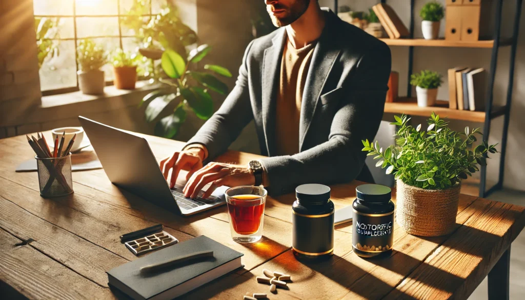 A lifestyle image of a person working at a modern desk with nootropic supplements, a cup of coffee, and a laptop, surrounded by plants and sunlight in a productive and natural workspace.