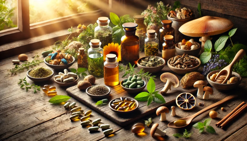 A calming display of natural nootropic sources, including green tea leaves, mushrooms, herbs, and omega-3 capsules, beautifully arranged on a rustic table with sunlight streaming through a nearby window.