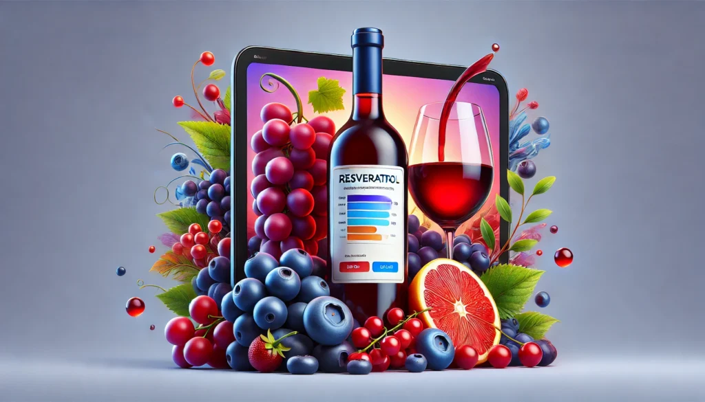 A vibrant arrangement of red grapes, blueberries, and a wine bottle, emphasizing resveratrol as a natural supplement to reduce brain inflammation