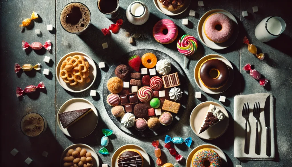 A top-down view of a table filled with sugary desserts such as cakes, donuts, and candy, with dark shadows cast over the scene. The arrangement symbolizes the detrimental effects of high sugar consumption on brain function and mental clarity.