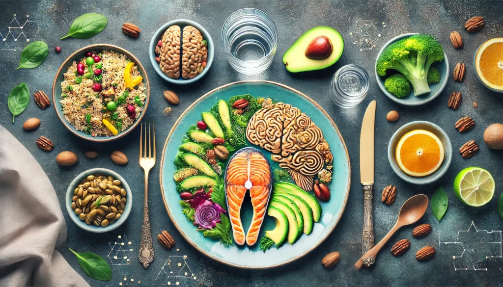 An elegant dinner table set with brain-boosting dishes like grilled salmon, quinoa, and avocado slices. The vibrant, healthy meal symbolizes the benefits of a nutritious diet for cognitive health and mental clarity.