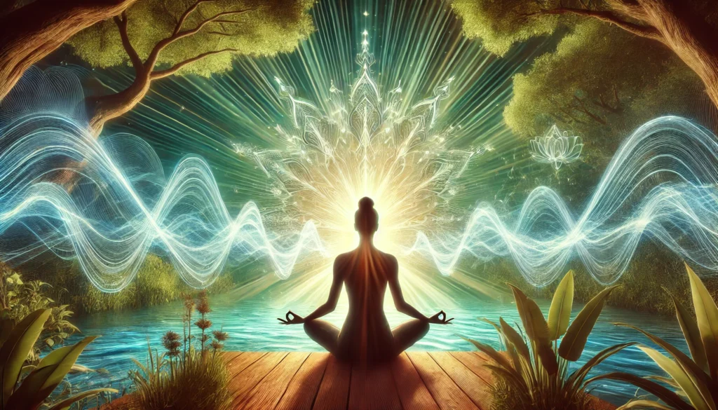 A person practicing yoga and meditation in a tranquil natural setting, surrounded by radiant energy waves. The calm environment represents mindfulness as a technique to enhance brain health, mental clarity, and cognitive function.