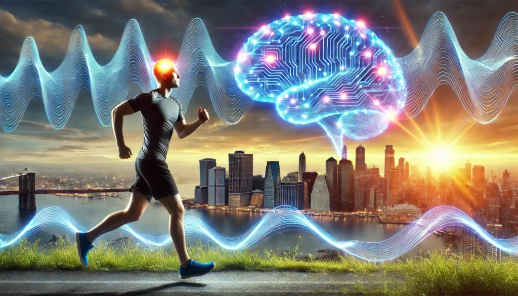 A person engaging in aerobic exercise like running in a scenic outdoor environment, with glowing brain waves illustrating the cognitive benefits of physical activity. The bright atmosphere represents improved mental function and brain health.