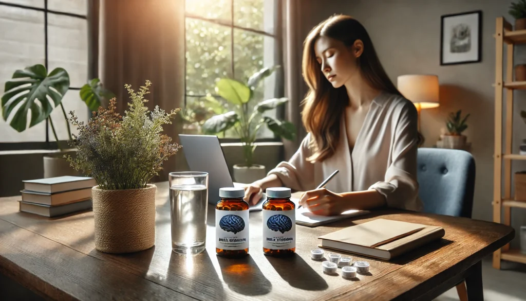 A serene lifestyle scene of an individual at a desk with brain multivitamin bottles, a glass of water, and a notepad, surrounded by natural sunlight and houseplants, symbolizing focus and cognitive health.