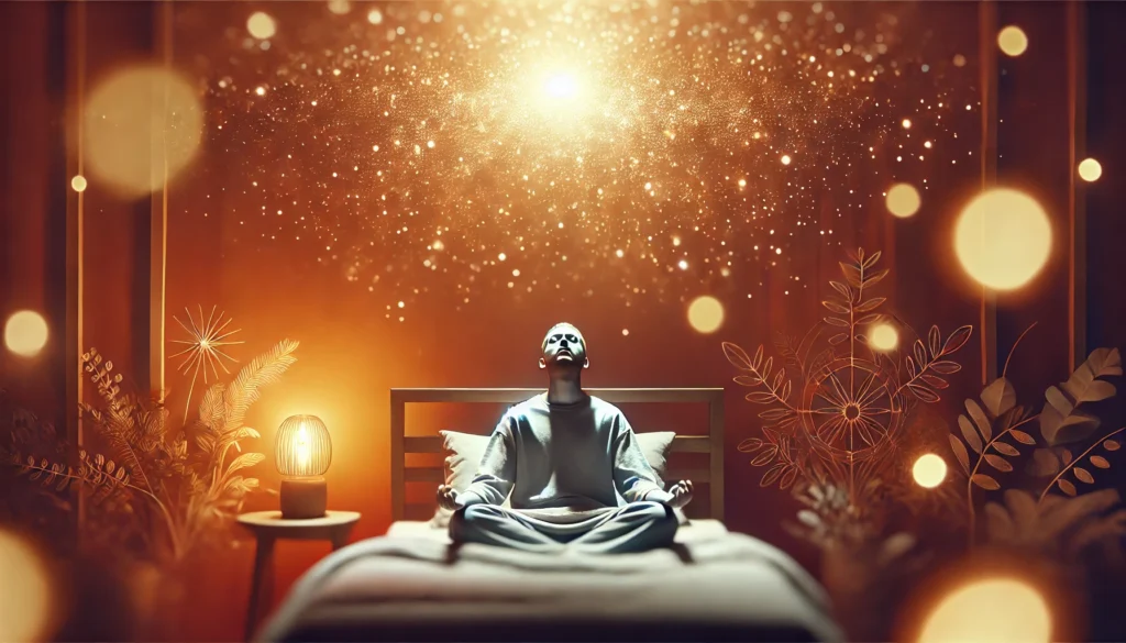A calming bedroom setting with soft lighting, where a person is lying in bed practicing deep breathing exercises to reduce anxiety before sleep."