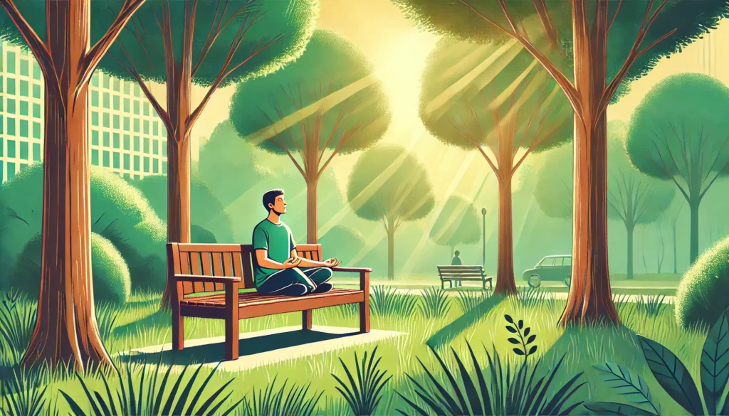 A tranquil park scene with a person sitting on a bench, eyes closed, practicing progressive muscle relaxation for stress relief and anxiety reduction.