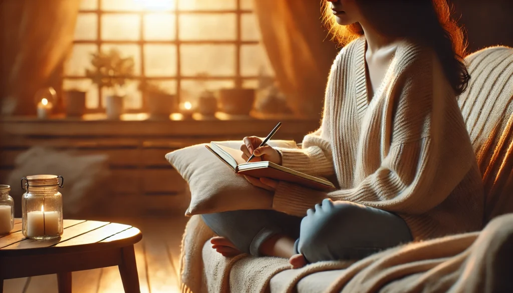 A cozy indoor setting with a person writing in a journal, practicing cognitive behavioral techniques to manage anxiety and calm an overactive mind.