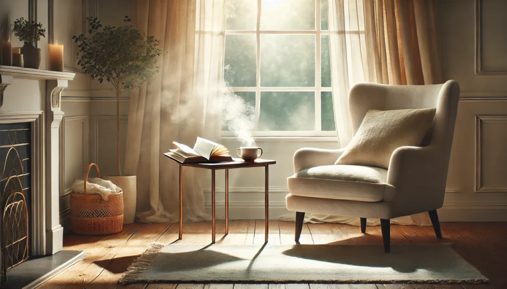 A cozy, tranquil indoor scene featuring a soft armchair by a large window, sunlight streaming through sheer curtains, with a steaming cup of tea and an open book on a side table, creating a peaceful ambiance.