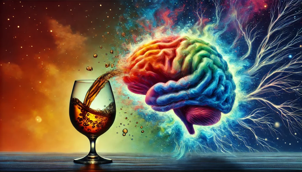 An artistic representation of alcohol’s impact on brain function over time, illustrating a glass of alcohol merging into a dissolving brain. Neural connections appear to break apart, and the background darkens from vibrant hues to shadowy tones, representing the gradual decline in cognitive abilities.