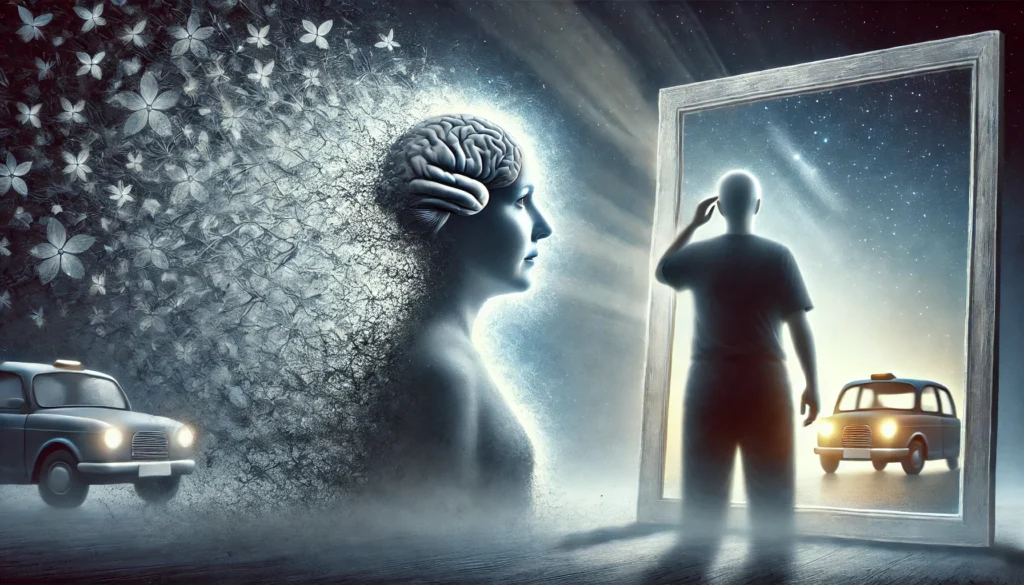 A surreal interpretation of sudden-onset dementia, showing a person looking into a mirror where their reflection is dissolving into fragmented particles. The transition from solidity to mist symbolizes the fear of cognitive decline happening overnight.