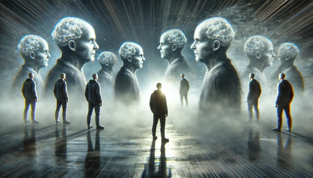 A conceptual representation of dementia’s sudden impact, featuring a person standing in a foggy space, surrounded by multiple fading versions of themselves. The figures become increasingly distorted, symbolizing the rapid transition from clarity to confusion.