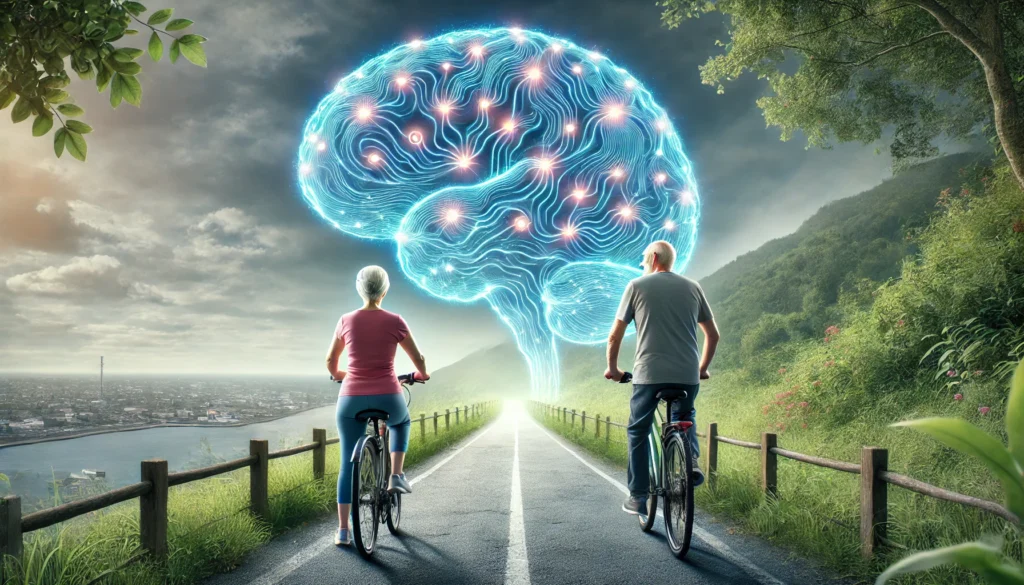 An elderly couple riding bicycles along a scenic path, with glowing brain waves illustrating cognitive stimulation. The image represents how regular physical exercise can help reduce the risk of dementia and improve brain function.