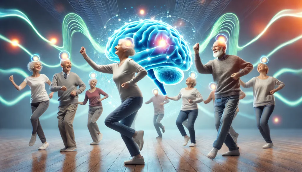 A group of elderly individuals engaging in a fun dance class, with glowing energy waves symbolizing enhanced brain activity. The image illustrates how movement-based activities can serve as a dementia intervention, promoting cognitive function and mental agility.
