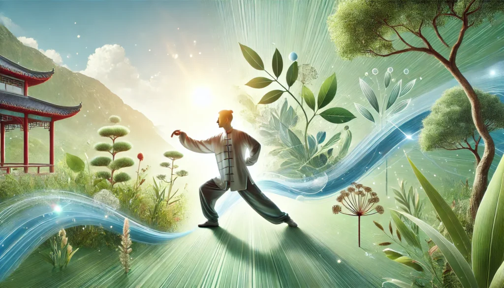 A serene image of a person practicing tai chi in an outdoor environment, gracefully moving with a calm expression, surrounded by greenery and sunlight, representing the integration of physical and cognitive activities for adults.