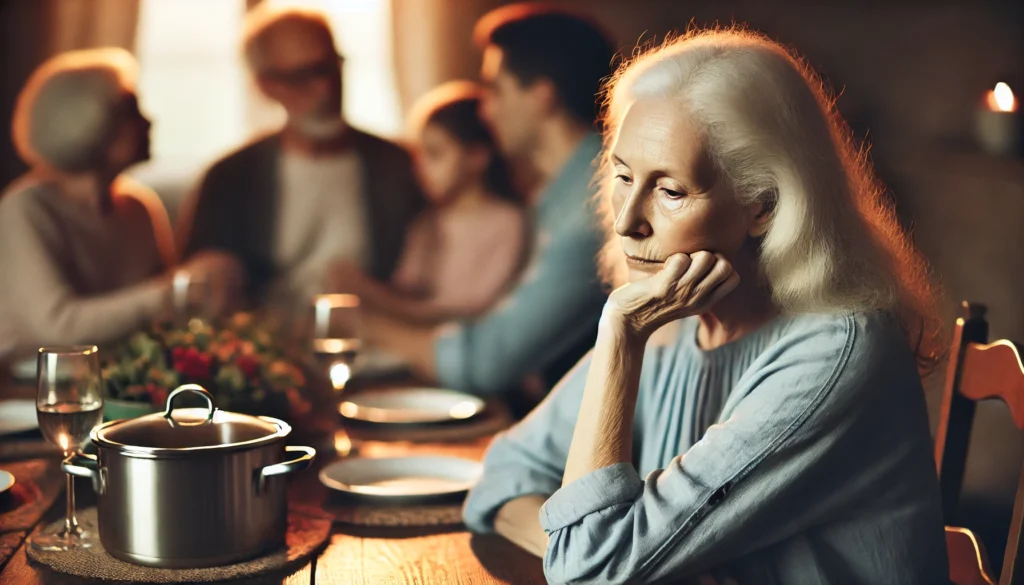 An elderly woman sitting at a dining table with family but appearing disengaged and lost in thought, representing social withdrawal, a common early symptom of cognitive decline.