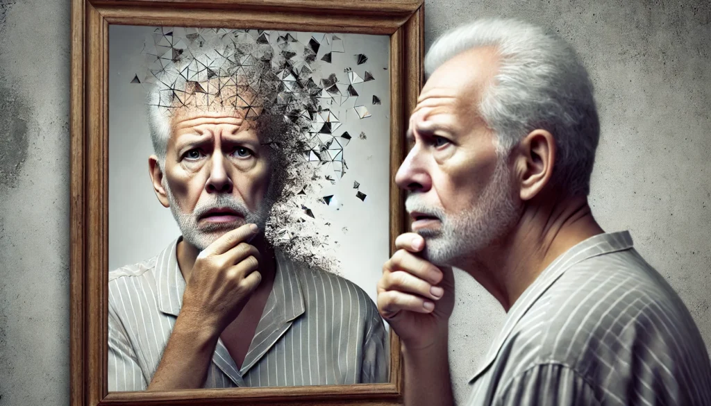 A conceptual image of an elderly man standing in front of a mirror with a fragmented reflection, symbolizing memory loss and self-recognition difficulties associated with early cognitive decline.