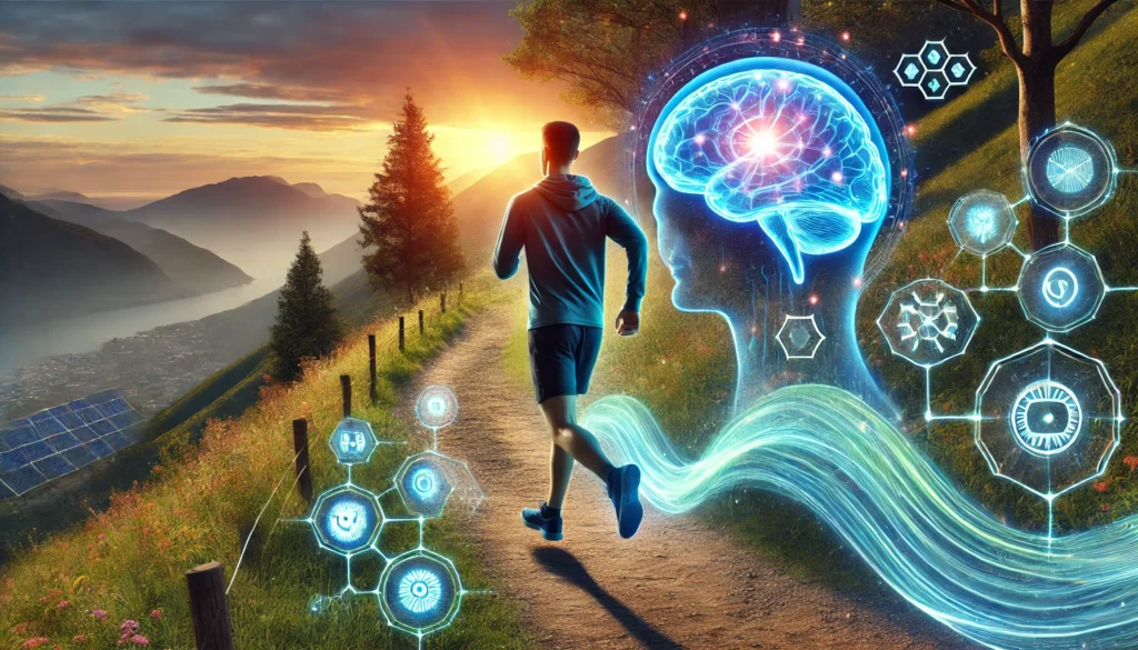 A person jogging on a scenic nature trail, with glowing energy waves surrounding their body, symbolizing the cognitive benefits of regular physical exercise. The environment radiates vitality, mental clarity, and enhanced brain function.