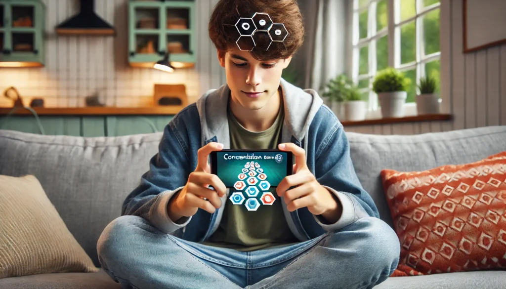 A casual and inviting image of a teenager lounging on a comfortable couch in a bright living room, playing a multitasking concentration game online on a smartphone, surrounded by a laid-back atmosphere, representing concentration game online.