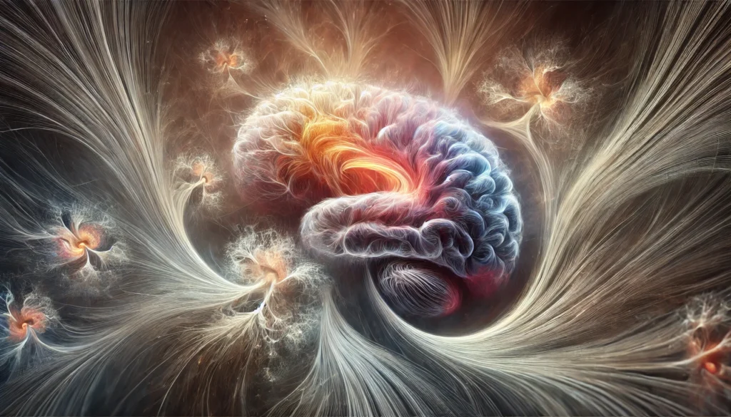 Abstract and surreal depiction of emotion processing in the brain, highlighting the interconnectedness of the amygdala, hippocampus, and prefrontal cortex with swirling neural pathways, evoking the complexity of emotional memory