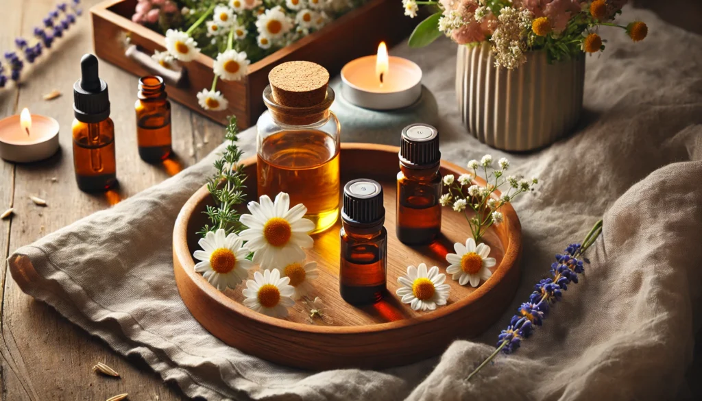 Chamomile, frankincense, and lavender essential oils on a wooden tray, highlighting their stress-reducing benefits.