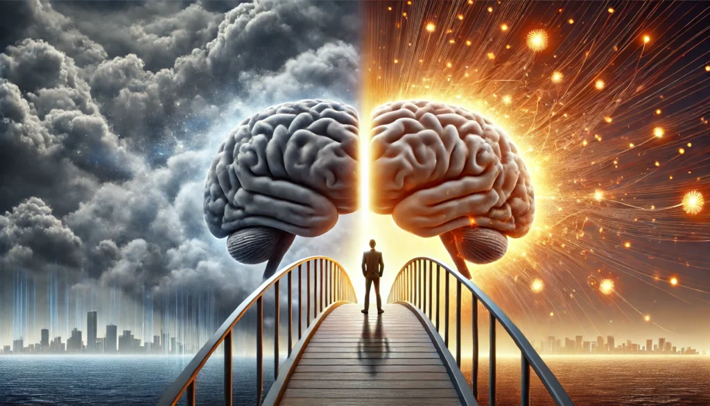 A conceptual scene depicting the cognitive effects of Cymbalta, showing a person standing on a bridge between two brain hemispheres—one cloudy and chaotic, the other glowing and structured. The bridge represents the transition to mental balance and improved cognitive function.