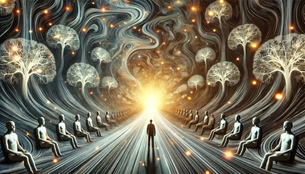 A surreal depiction of Cymbalta’s impact on cognitive function, illustrating a person standing in a tunnel of swirling neural connections. They move from a dark, fragmented space into a bright, well-lit mental landscape, symbolizing improved neurotransmission and emotional balance.