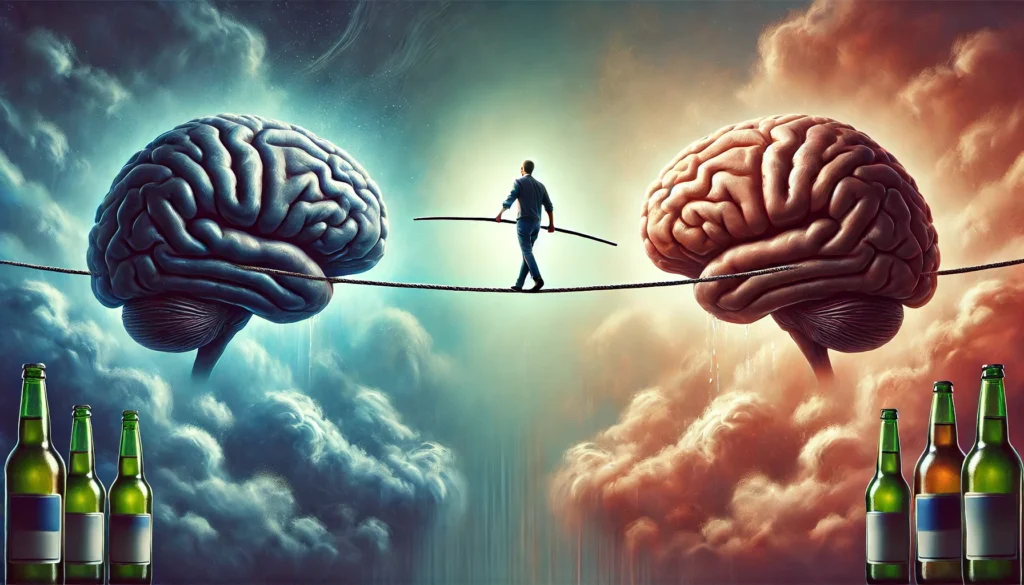 A surreal depiction of alcohol moderation for brain health, featuring a person walking on a tightrope between two large brain hemispheres—one dark and foggy, the other bright and active. The tightrope symbolizes balance in alcohol consumption, ensuring cognitive preservation and mental clarity.