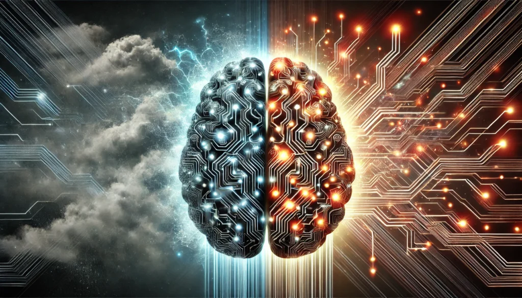 An artistic representation of Cymbalta enhancing cognitive function, featuring a brain composed of intricate, glowing circuits. One side appears cloudy and sluggish, while the other side is sharp and illuminated, symbolizing increased focus and mental clarity.