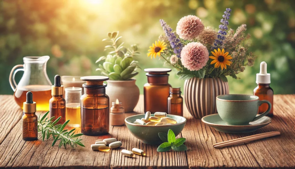 A calming display of natural supplements and alternative therapies for dementia, including omega-3 capsules, herbal teas, and essential oils, arranged on a wooden table with a soft natural background.