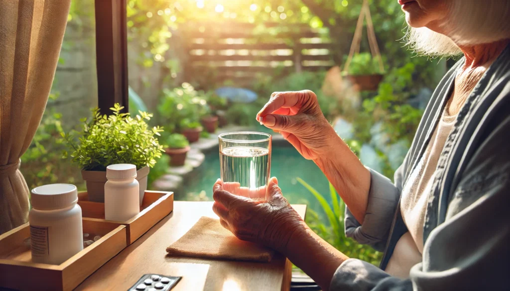 A serene lifestyle scene of a senior citizen taking dementia medication with a glass of water, seated by a sunlit window overlooking a lush garden, representing hope and improved quality of life.