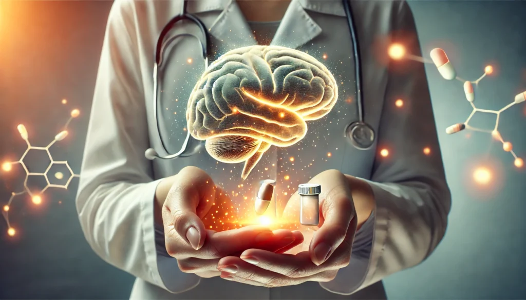 A conceptual visualization of dementia management, featuring a pair of hands gently cradling a delicate, glowing brain. Small particles of light flow into the neural pathways, symbolizing the role of medication in cognitive health.