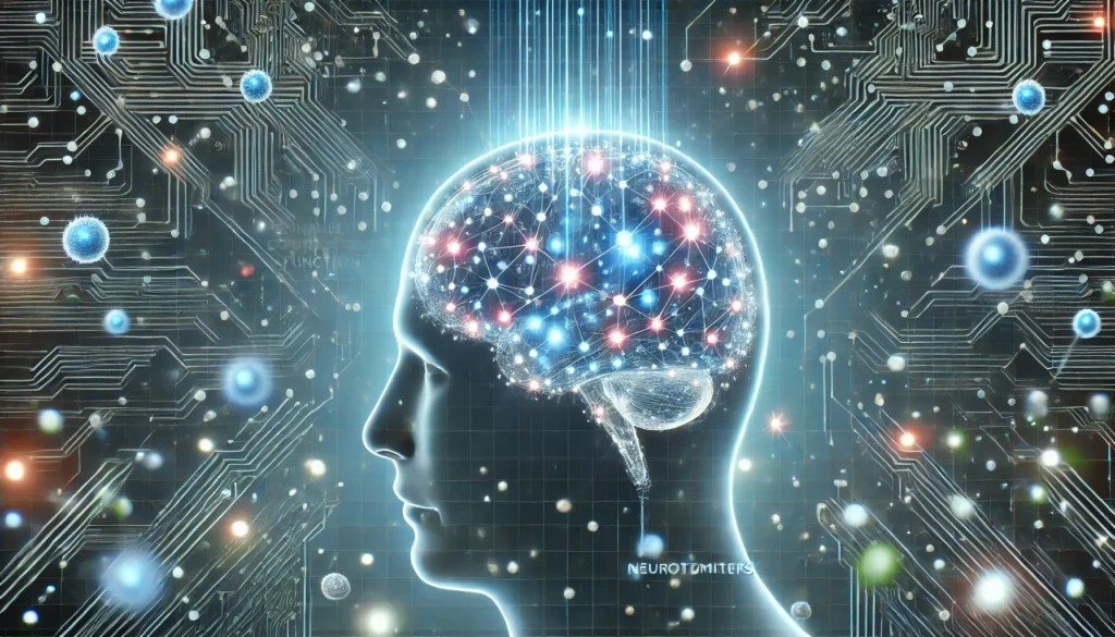 A futuristic depiction of dementia treatment, featuring a digital brain interface with glowing neural pathways. Floating particles represent neurotransmitters being activated, symbolizing enhanced cognitive function through medication and scientific progress.