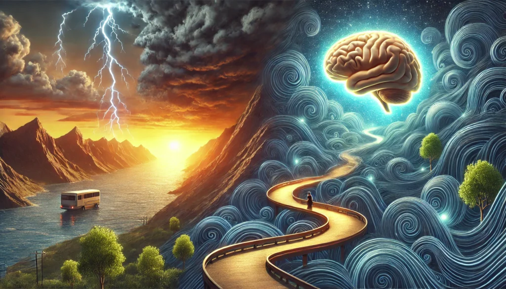 A symbolic illustration of stress relief as a key to preventing dementia, showing a winding path leading from a stormy, chaotic environment to a bright, serene landscape. At the destination, a glowing brain represents the transition from stress to mental well-being through mindfulness and relaxation.