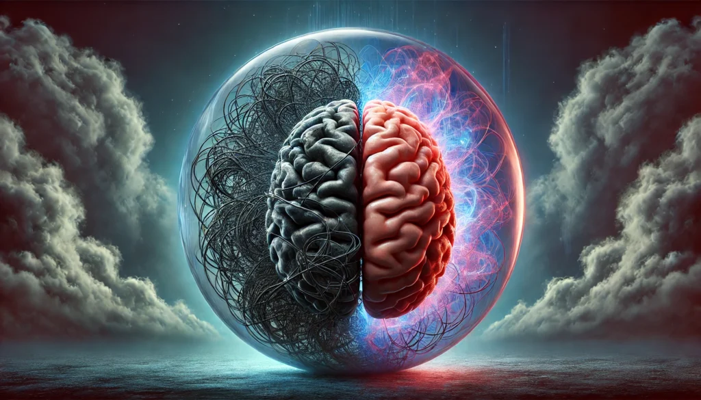 A surreal depiction of stress reduction preventing dementia, illustrating a brain inside a glass sphere. One half is tangled with dark, chaotic lines representing stress, while the other half is illuminated and clear, symbolizing the impact of stress management on long-term cognitive health.