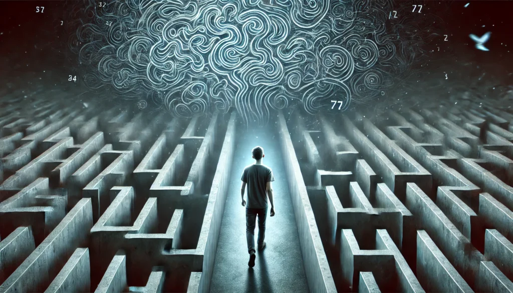 A conceptual image of a young adult walking through a maze with paths fading away, symbolizing confusion and memory loss in early onset dementia. The person appears lost, with some paths leading into darkness, representing cognitive decline.