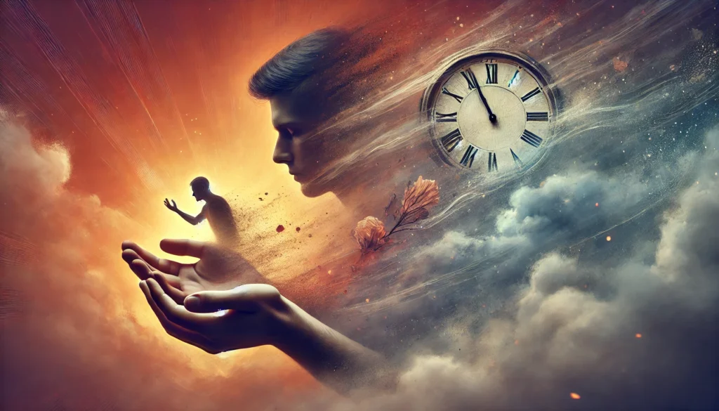 A symbolic representation of time slipping away from a young adult's hands, with memories dissolving into mist, illustrating the early symptoms of dementia. The background blends warm and cool tones, representing emotional struggle and cognitive decline.