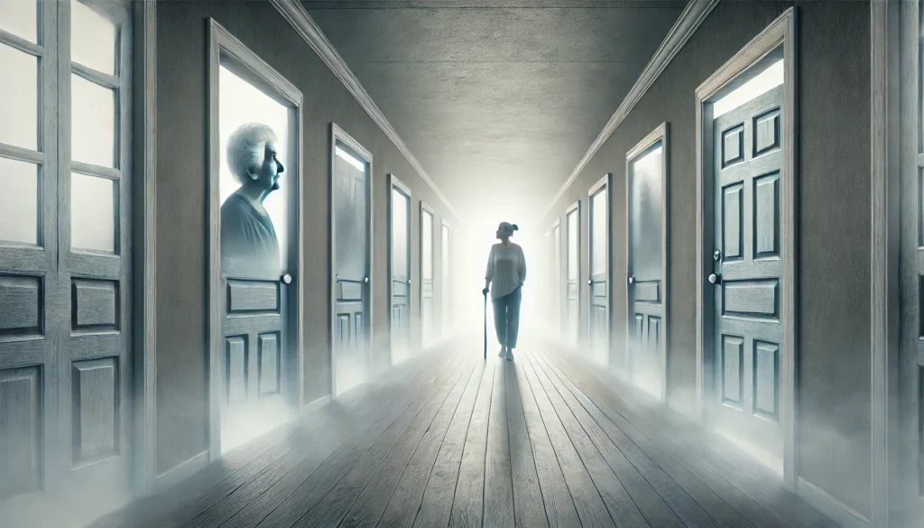 A surreal image of an elderly person walking through a foggy corridor with doors fading in and out, symbolizing the difficulty in recognizing familiar places and people due to dementia. The doors represent memories, some clear while others disappear into the mist.