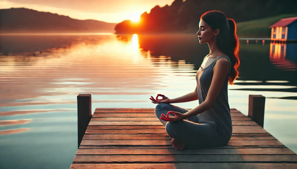 A serene woman sitting on a wooden pier by a calm lake at sunset, meditating with a peaceful expression, symbolizing mindfulness and inner growth. The background features a tranquil water reflection with warm, soft light, evoking a sense of self-care and personal development