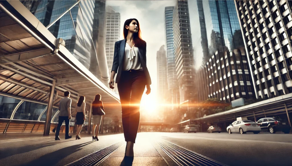 A determined woman walking confidently through a bustling city street, symbolizing ambition and personal empowerment. The background features modern skyscrapers with sunlight reflecting off the buildings, capturing a sense of strength and career success