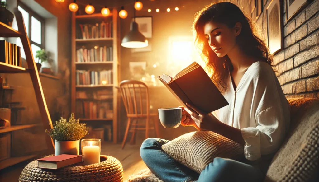 A woman sitting in a cozy reading nook with a cup of tea, deeply engaged in a book, symbolizing personal growth and self-reflection. The background features warm lighting, soft cushions, and a bookshelf filled with inspiring titles, evoking a sense of relaxation and learning