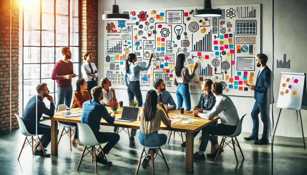 An open-concept office featuring employees actively brainstorming at a whiteboard adorned with colorful sticky notes and diagrams, symbolizing creativity, teamwork, and strategies for motivating employees through collaborative problem-solving