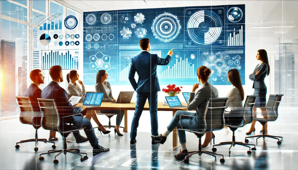 A bright and dynamic office scene featuring employees collaborating on a project presentation, with one person pointing to a screen displaying data while others attentively engage, illustrating strategies for motivating employees in an innovative and productive environment.