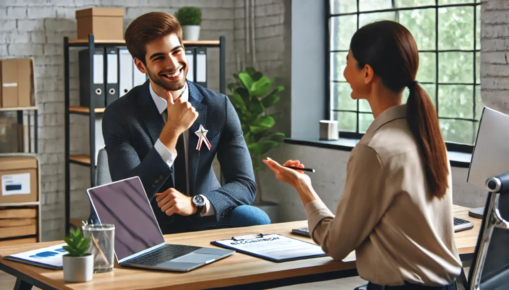 A modern workspace featuring a manager providing positive feedback to a smiling employee seated at their desk with a laptop and documents, illustrating strategies for motivating employees through recognition in a professional setting.