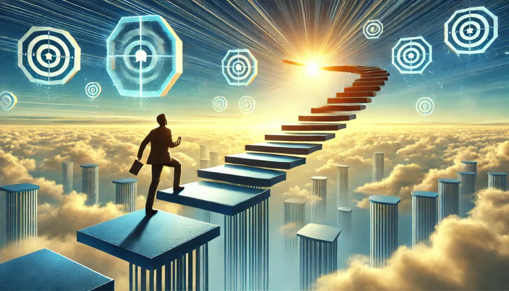 A person climbing floating steps, representing progress towards future aspirations."